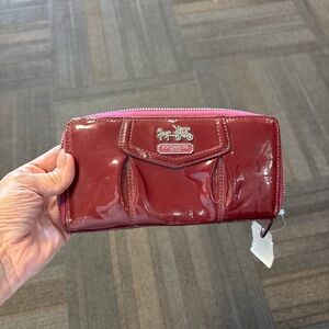 Coach Glossy Patent Zip Wallet in Burgundy with Pink Zipper